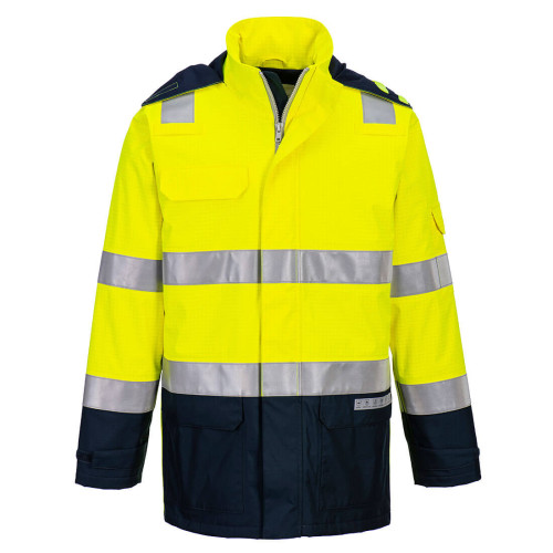 Portwest Bizflame Regen+ leichte Warnschutz Jacke Lichtbogen Schutz FR605 Gelb/Blau