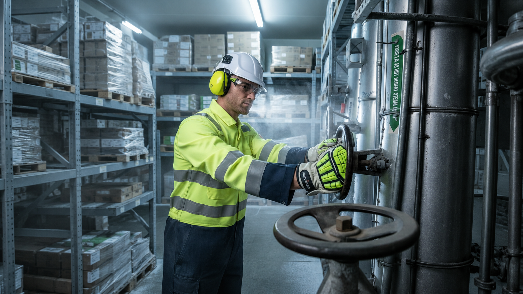 Arbeiter in gelber Warnschutzkleidung in einem Kühlhaus. Das Bild ist AI-generiert.