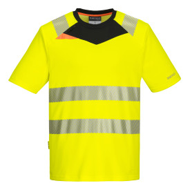 DX4 Warnschutz T-Shirt DX413 in Gelb-Schwarz mit segmentiertem Reflexband. Ein Link zur Artikelseite ist hinterlegt.