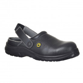 Perforierter Portwest Compositelite ESD Sicherheits-Clog SB AE FC03 in Schwarz. Ein Link zur Artikelseite ist hinterlegt.