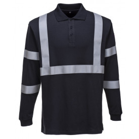 Flammhemmendes antistatisches Langarm-Poloshirt FR03 mit Reflexstreifen in Navy. Ein Link zur Artikelseite ist hinterlegt.