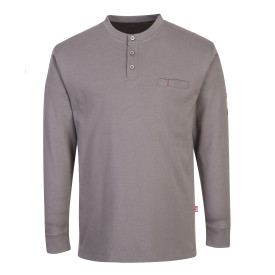FR Antistatik Henley-Shirt FR32 in Grau mit Knopfleiste und langen &Auml;rmeln. Ein Link zur Artikelseite ist hinterlegt.