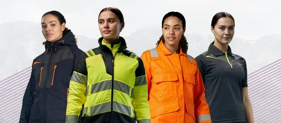 Vier Frauen in Arbeitskleidung. Sie stehen nebeneinander und. Hintergrund sieht man eine blasse Berglandschaft und ein Streifenmuster. 