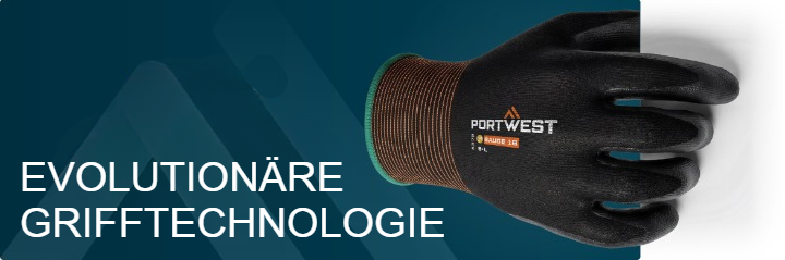 Blaues Banner mit einem einzelnen schwarzen Handschuh und einer wei&szlig;en &Uuml;berschrift: Evolution&auml;re Grifftechnologie. 