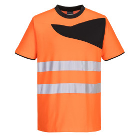 PW2 Warnschutz Cotton Comfort T-Shirt PW213 in Orange-Schwarz mit Reflexstreifen. Ein Link zur Artikelseite ist hinterlegt.