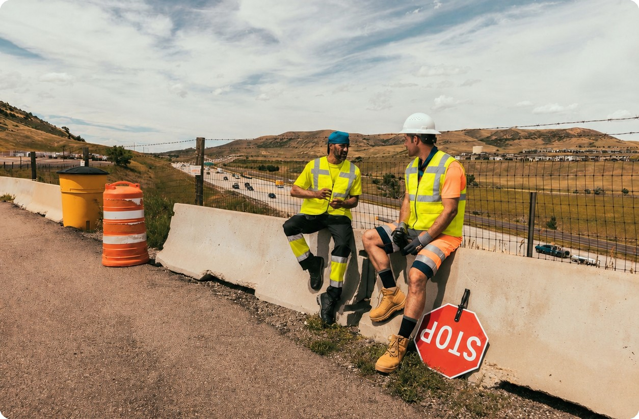 Zwei Arbeiter sitzen auf einer Betonabsperrung am Stra&szlig;enrand. Sie tragen kurze Warnschutzkleidung und K&uuml;hlwesten. Im Hintergrund sieht man eine karge Berglandschaft und bew&ouml;lkten, blauen Himmel. Ein Link zu unseren K&uuml;hlwesten ist hinterlegt.