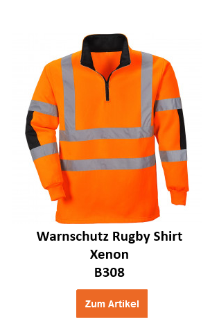 Warnschutz Rugby Shirt Xenon B308 in Orange mit blauen Detials und Reflexstreifen. Ein Link zur Artikelseite ist hinterlegt.