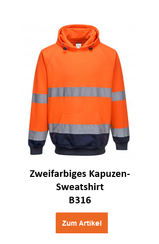 Zweifarbiges Kapuzen-Sweatshirt B316 in Orange mit blauen Details und Reflexstreifen. Ein Link zur Artikelseite ist hinterlegt. 