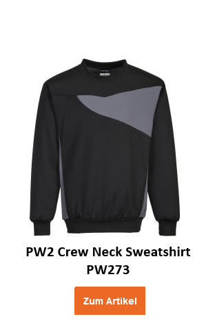 PW2 Crew Neck Sweatshirt PW273 in Schwarz mit grauen Details und hinterlegtem Link zum Artikel.
