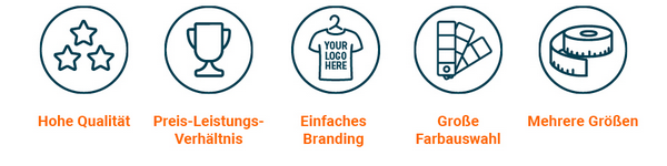 Symbolleiste mit Piktogrammen für hohe Qualität, Preis-Leistungs-Verhältnis, einfaches Branding, große Farbauswahl und mehrere Größen.