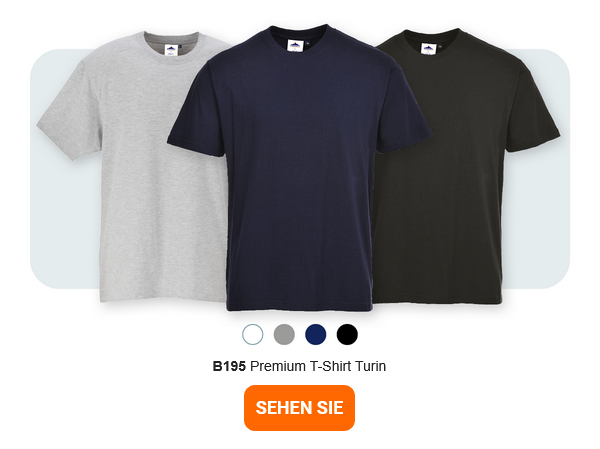 Bild des B195 Premium T-Shirts Turin in dreifacher Ausführung: in Grau, Dunkelblau und Schwarz vor hellgrauerm Hintergrund mit abgerundeten Ecken. Ein Link zum Artikel ist hinterlegt. 
