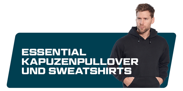 Blaues Banner mit der Aufschrift Essential Kapuzenpullover und Sweatshirts vor einem Bild von einem brünetten Mann in schwarzem Hoodie.