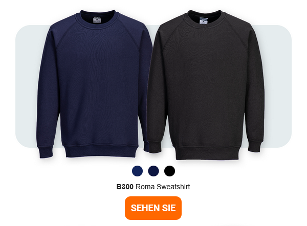 Bild des B300 Roma Sweatshirts in zweifacher Ausführung: Dunkelblau und Schwarz vor hellgrauem Hintergrund mit abgerundeten Ecken. Ein Link zum Artikel ist hinterlegt. 