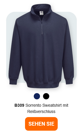 Bild des B309 Sorrento Sweatshirts mit Reißverschluss in Blau vor hellgrauem Hintergrund mit abgerundeten Ecken. Ein Link zum Artikel ist hinterlegt. 