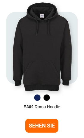 Bild des B302 Roma Hoodies in Schwarz vor hellgrauem Hintergrund mit abgerundeten Ecken. Ein Link zum Artikel ist hinterlegt. 