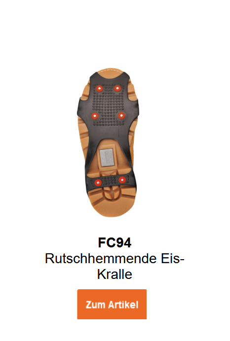 Bild der rutschhemmenden Eiskralle FC94 in Schwarz mit roten Stollen. Ein Link zur Artikelseite ist hinterlegt.