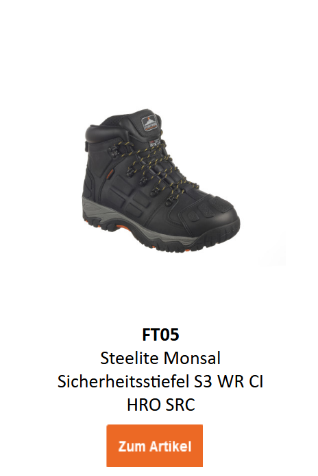 Bild des Steelite Monsal Sicherheitsstiefels S3 WR CI HRO SRC FT05 in Schwarz mit grauen Details. Ein Link zum Artikel ist hinterlegt.