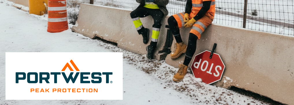 Zwei Arbeiter sitzen auf einer Beton-Stra&szlig;enabsperrung. Neben ihnen lehnt ein Stopschild, im Hintergrund sieht man Verkehrspilonen und eine verschneite Fl&auml;che. Das Logo des Herstellers Portwest in Orange und Blau auf wei&szlig;em Grund befindet sich in der linken unteren Ecke. 