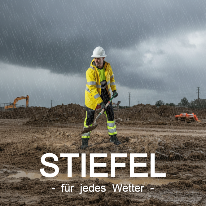 Mann, der auf einer matschigen Baustelle mit der Schaufel arbeitet. Er tr&auml;gt gelbe Warnschutzkleidung und Winterstiefel. Im unteren Bildrand steht "Stiefel - f&uuml;r jedes Wetter". 