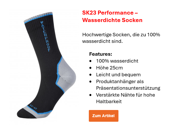 Bild der Performance wasserdichten Socken SK23 in Schwarz mit grauen und blauen Details. Ein Link zur Artikelseite ist hinterlegt.