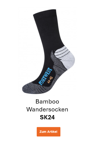 Bild der Bamboo-Wandersocken SK24 in Schwarz mit grauen, weißen und blauen Details. Ein Link zur Artikelseite ist hinterlegt. 