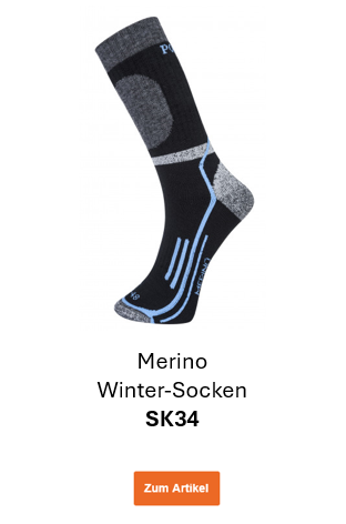 Bild der Merino Winter-Socken SK34 in Schwarz mit grauen und blauen Details. Ein Link zur Artikelseite ist hinterlegt. 