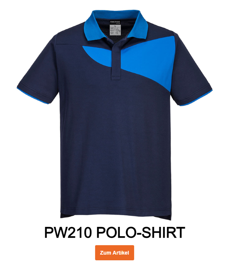 Beispielbild des PW210 Poloshirts in Blau-Royal mit hinterlegtem Link zum Artikel.