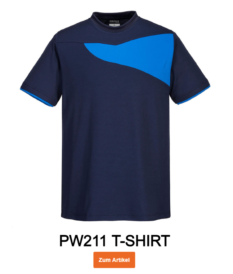 Beispielbild des PW211 T-Shirts in Blau-Marine mit hinterlegtem Link zum Artikel.