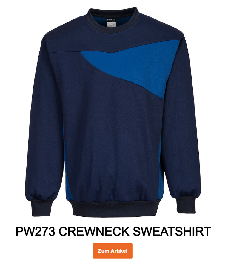 Beispielbild des PW273 Crew Neck Sweatshirts in Blau-Marine mit hinterlegtem Link zum Artikel.