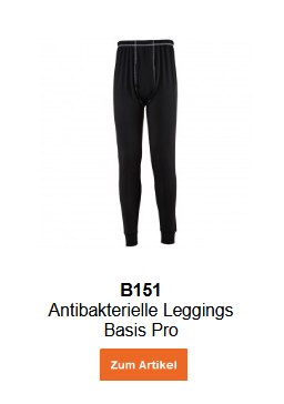 Bild der Antibakteriellen Leggings Basis Pro B151 in Schwarz mit wei&szlig;en N&auml;hten. Ein Link zur Artikelseite ist hinterlegt.