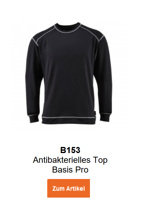 Bild des Antibakteriellen Top Basis Pro B153 in Schwarz mit wei&szlig;en N&auml;hten. Ein Link zur Artikelseite ist hinterlegt.