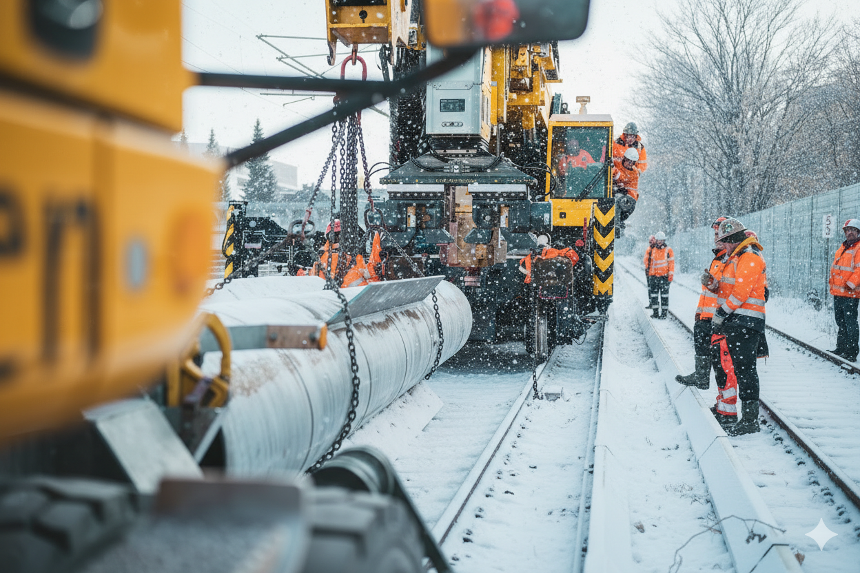 Man sieht eine verschneite Baustelle auf einem Bahngleis. Ein Bagger auf Schienen transportiert große Rohre. Neben dem Bagger stehen mehrere Arbeiter in oranger Warnschutz-Winterkleidung. Im rechten Bildbereich sieht man einen schneebedeckten Zaun und kahle, verschneite Bäume. Ein Link zu unserer Unterkleidung ist hinterlegt.
