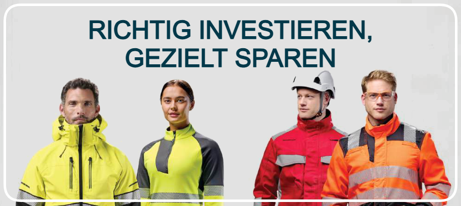 Vier Arbeiter in gelber, roter und oranger Warnschutzkleidung vor grauem Hintergrund. Dar&uuml;ber befindet sich die &Uuml;berschrift in blauen Gro&szlig;buchstaben: Richtig investieren, gezielt sparen.