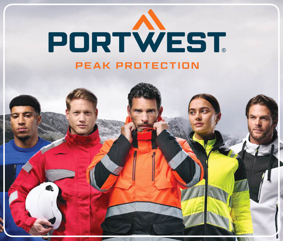 F&uuml;nf Arbeiter in blauer, roter, oranger, gelber und wei&szlig;er Arbeitskleidung. Im Hintergrund sieht man eine verschneite Berglandschaft und grauen Himmel. Dar&uuml;ber ist das blau-orange Logo des Herstellers Portwest platziert. 