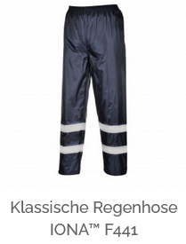 Klassische Regenhose IONA F441 mit hinterlegtem Link, der zur Artikelseite führt.