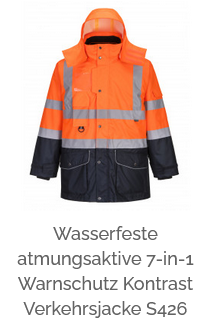 Wasserfeste atmungsaktive 7-in-1 Warnschutz Kontrast Verkehrsjacke S426 in Orange und Blau mit Leuchtstreifen und hinterlegtem Link zum Artikel.