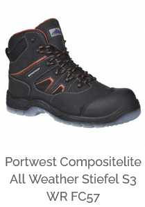 Portwest Compositelite All Weather Stiefel S3 WR FC57 in Schwarz mit orangen Details und hinterlegtem Link zum Artikel.