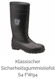 Klassischer Sicherheitsgummistiefel S4 FW94 in Schwarz mit hinterlegtem Link zur Artikelseite.