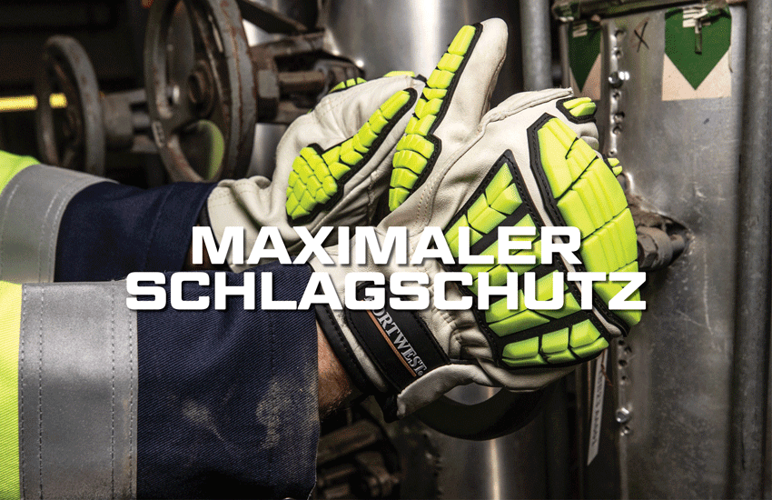 Detailaufnahme von warngelben Anti-Impact-Handschuhen mit Link zum Katalog der Anti-Impact-Handschuhe.