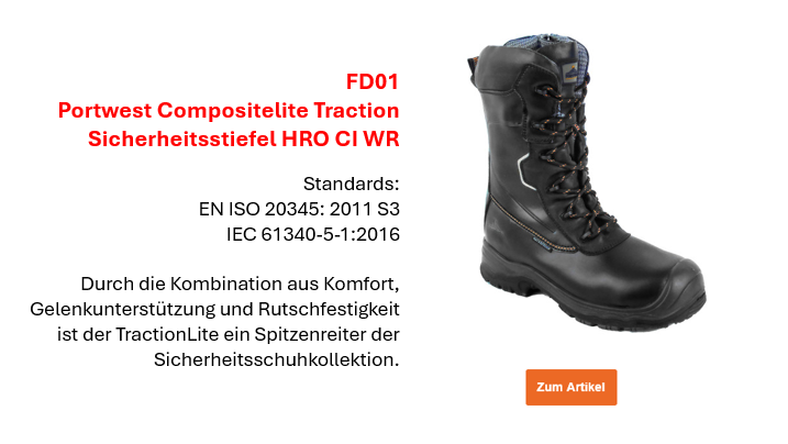 Bild des Portwest Compositelite Traction Sicherheitsstiefels FD01 in Schwarz nebst einer kurzen Beschreibung der Eigenschaften und der Europäischen Normen, die auf der Artikelseite einzusehen sind. Ein Link zur Artikelseite ist hinterlegt.