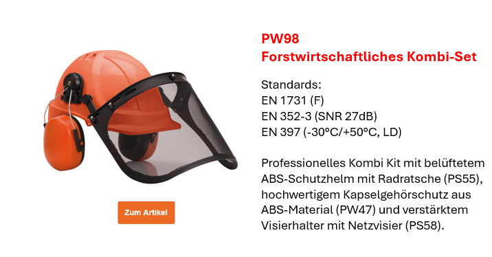 Bild des Forstwirtschaftlichen Kombi-Sets PW98 in Orange mit schwarzen Details nebst einer kurzen Beschreibung der Eigenschaften und der Europäischen Normen, die auf der Artikelseite einzusehen sind. Ein Link zur Artikelseite ist hinterlegt.