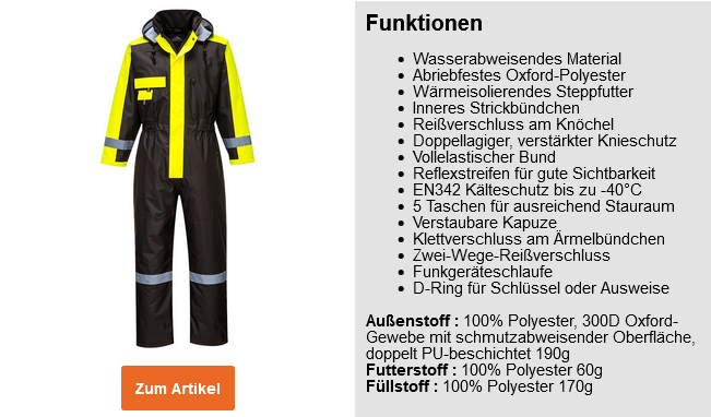 Vorschau des Winteroveralls S585 in Gelb und Schwarz mit Relfektorstreifen und hinterlegtem Link zum Artikel sowie einer Liste der Eigenschaften des Overalls.