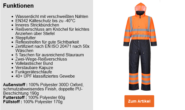 Beispielbild des Gefütterten Hi-Vis Kontrast-Overalls S485 in Schwarz und Orange mit Reflexstreifen und hinterlegtem Link zum Artikel sowie einer Liste mit den Eigenschaften des Overalls.