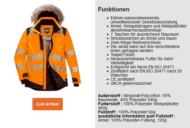 Beispielbild des PW3 Warnschutz-Winterparkas PW369 in Orange mit Reflexstreifen, Kunstpelzkragen und hinterlegtem Link zum Artikel sowie einer Liste der Artikeleigenschaften.