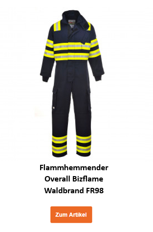 Blauer flammhemmender Overall Bizflame Waldbrand FR98 mit warngelben Leuchtstreifen und hinterlegtem Link zum Artikel.