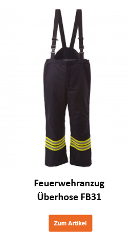 Blaue Feuerwehranzug-Überhose FB31 mit warngelben Leuchtstreifen und einem Link, der zur Artikelseite führt.