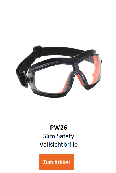Bild der Slim Safety Vollsichtbrille PW26 in Schwarz mit orangen Details. Ein Link zur Artikelseite ist hinterlegt.