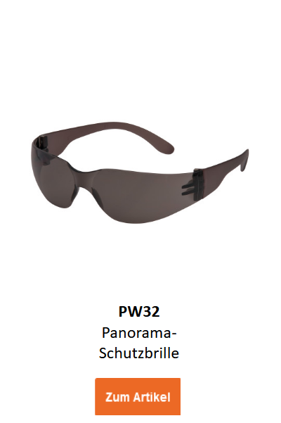 Bild der Panoramaschutzbrille PW32 in Schwarz mit getönten Gläser. Ein Link zur Artikelseite ist hinterlegt.