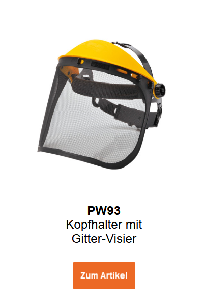 Bild der Kopfhalterung mit Gitter-Visier PW93 in Gelb-Schwarz mit Netz-Visier. Ein Link zur Artikelseite ist hinterlegt.