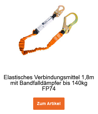 Elastisches Verbindungsmittel 1,8m mit Bandfalldämpfer bis 140kg FP74 in Orange. Hinterlegt ist ein Link, der zur Artikelseite führt.
